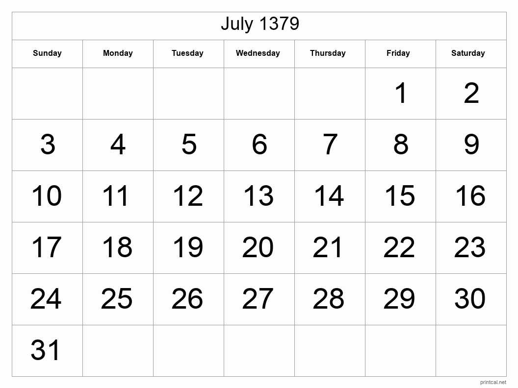 July 1379 Printable Calendar - Big Dates