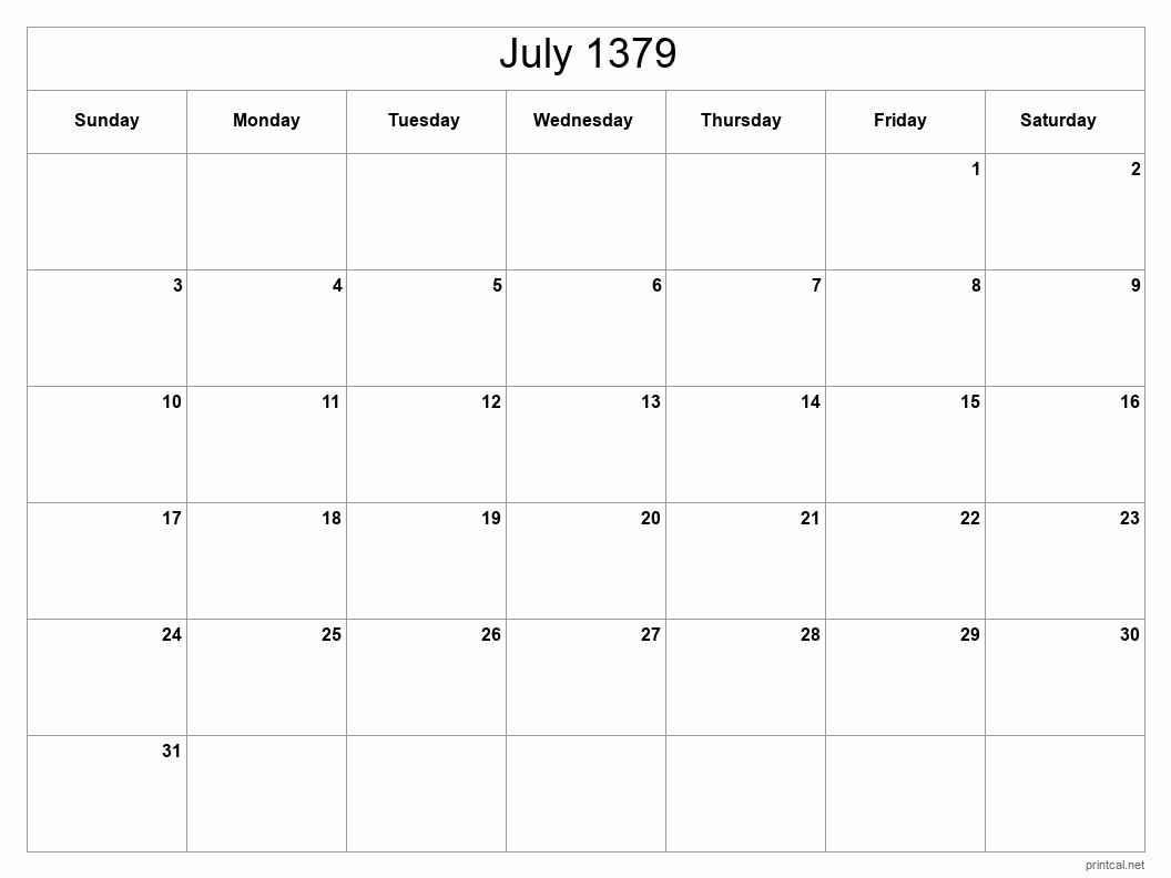 July 1379 Printable Calendar - Classic Blank Sheet