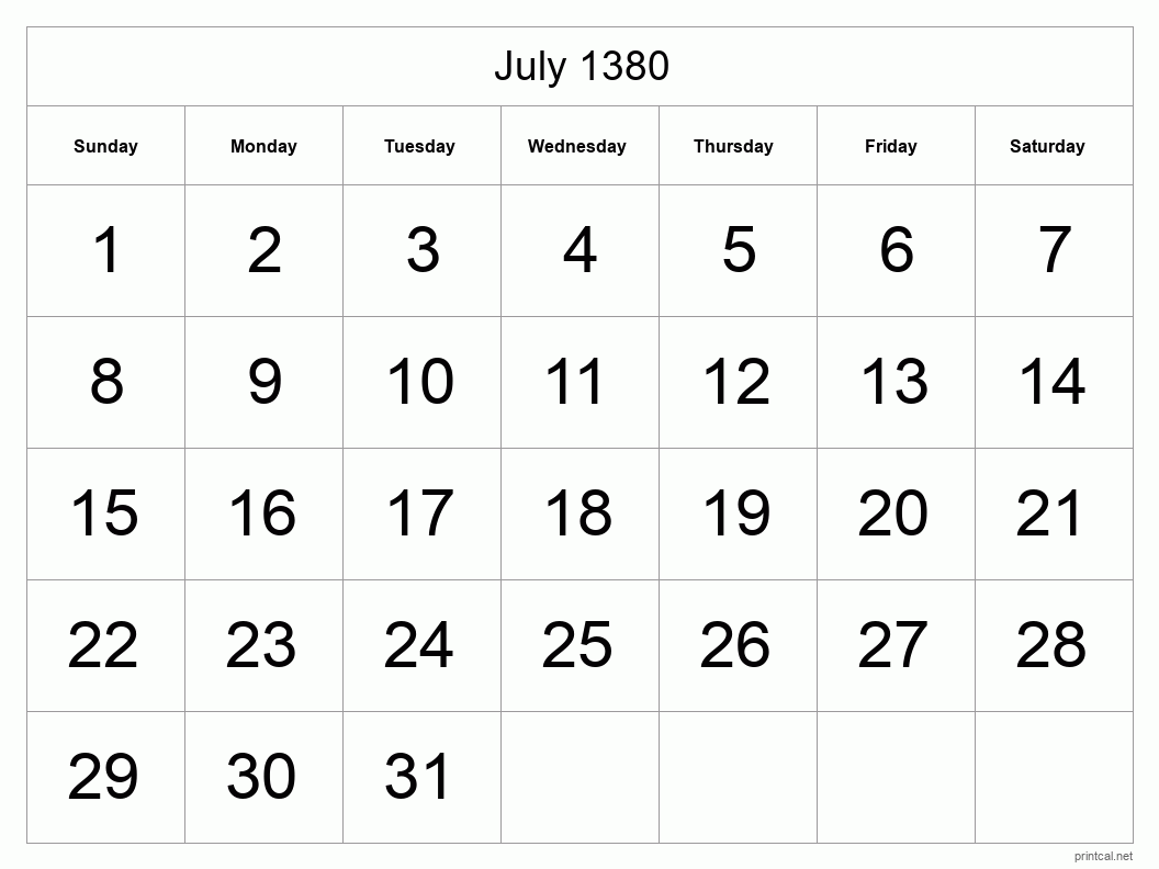 July 1380 Printable Calendar - Big Dates