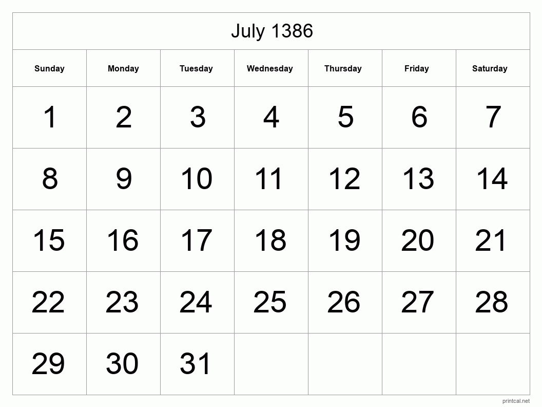 July 1386 Printable Calendar - Big Dates