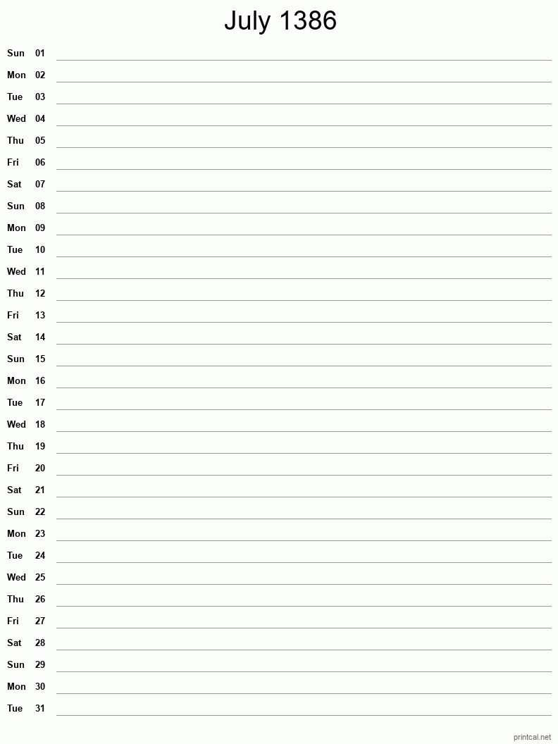 July 1386 Printable Calendar - Single Column Notesheet