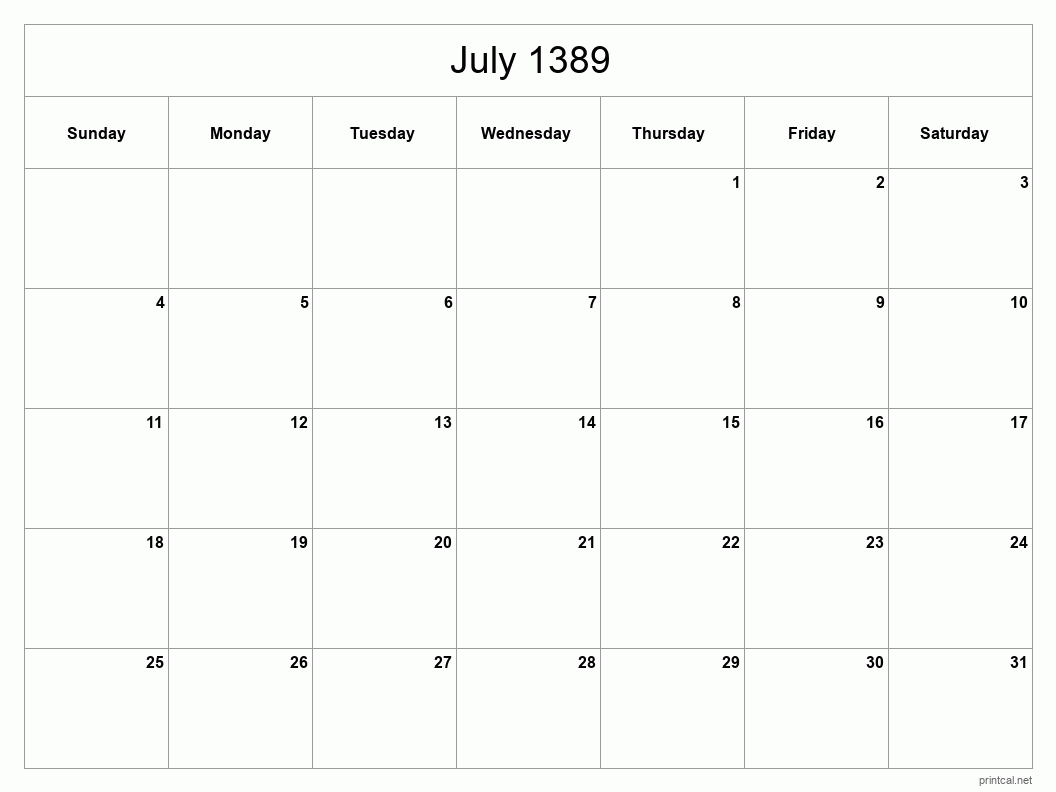 July 1389 Printable Calendar - Classic Blank Sheet