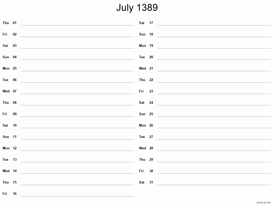 July 1389 Printable Calendar - Two Column Notesheet