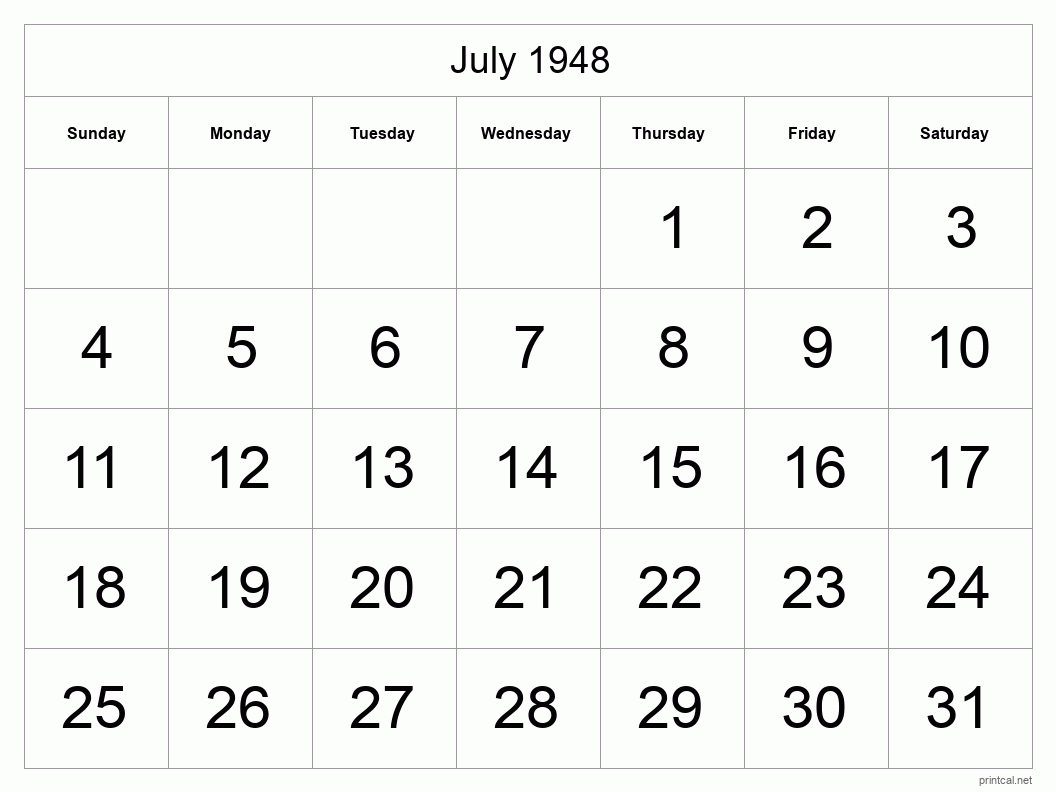 July 1948 Printable Calendar - Big Dates