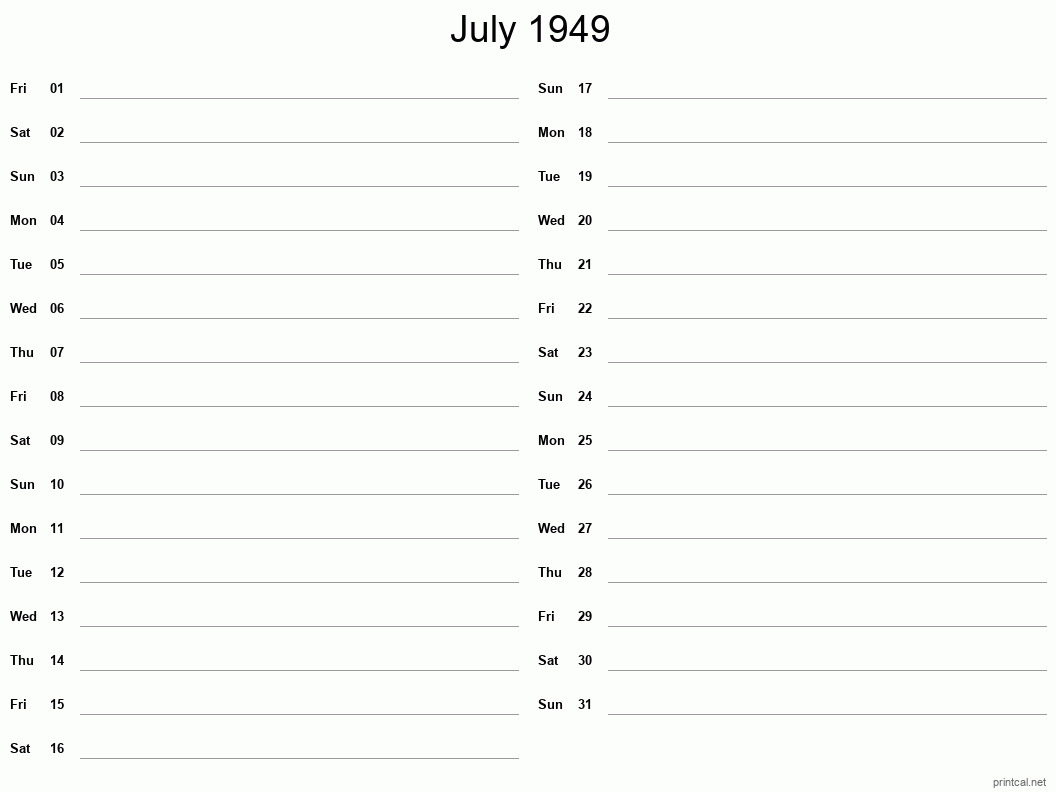 July 1949 Printable Calendar - Two Column Notesheet