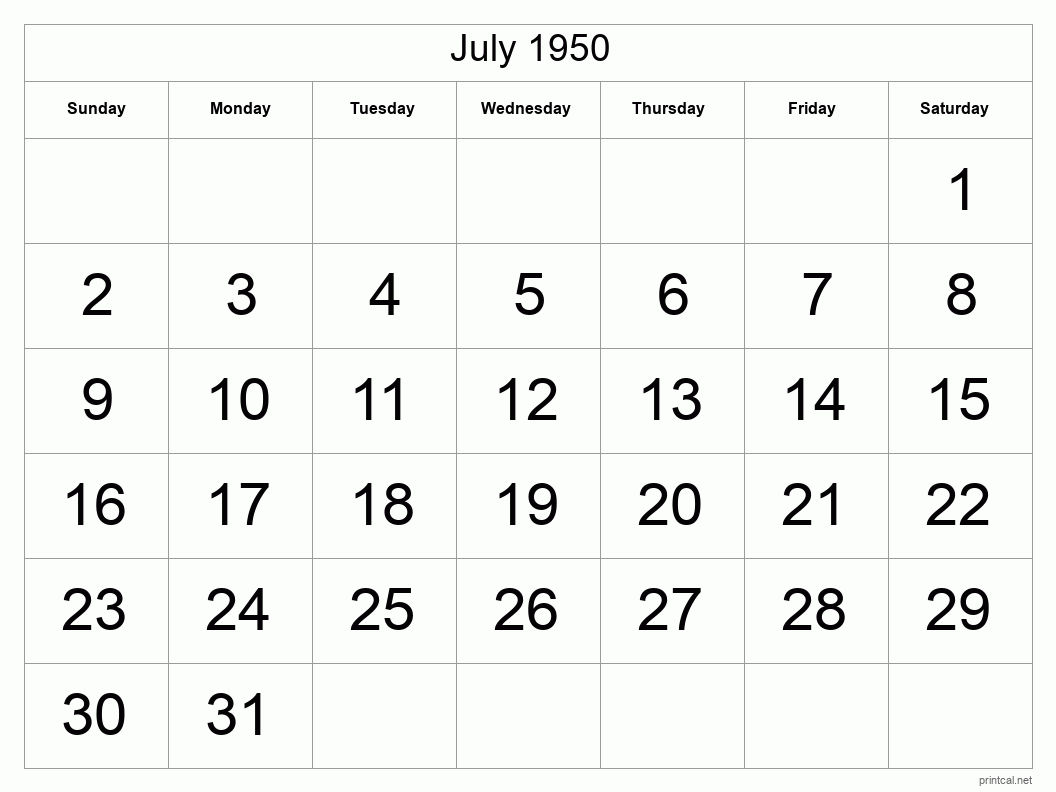 July 1950 Printable Calendar - Big Dates