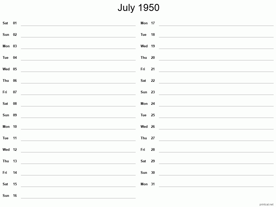 July 1950 Printable Calendar - Two Column Notesheet