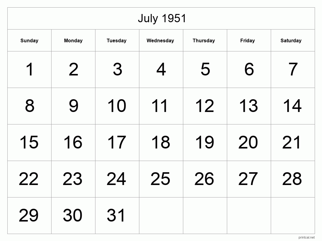 July 1951 Printable Calendar - Big Dates