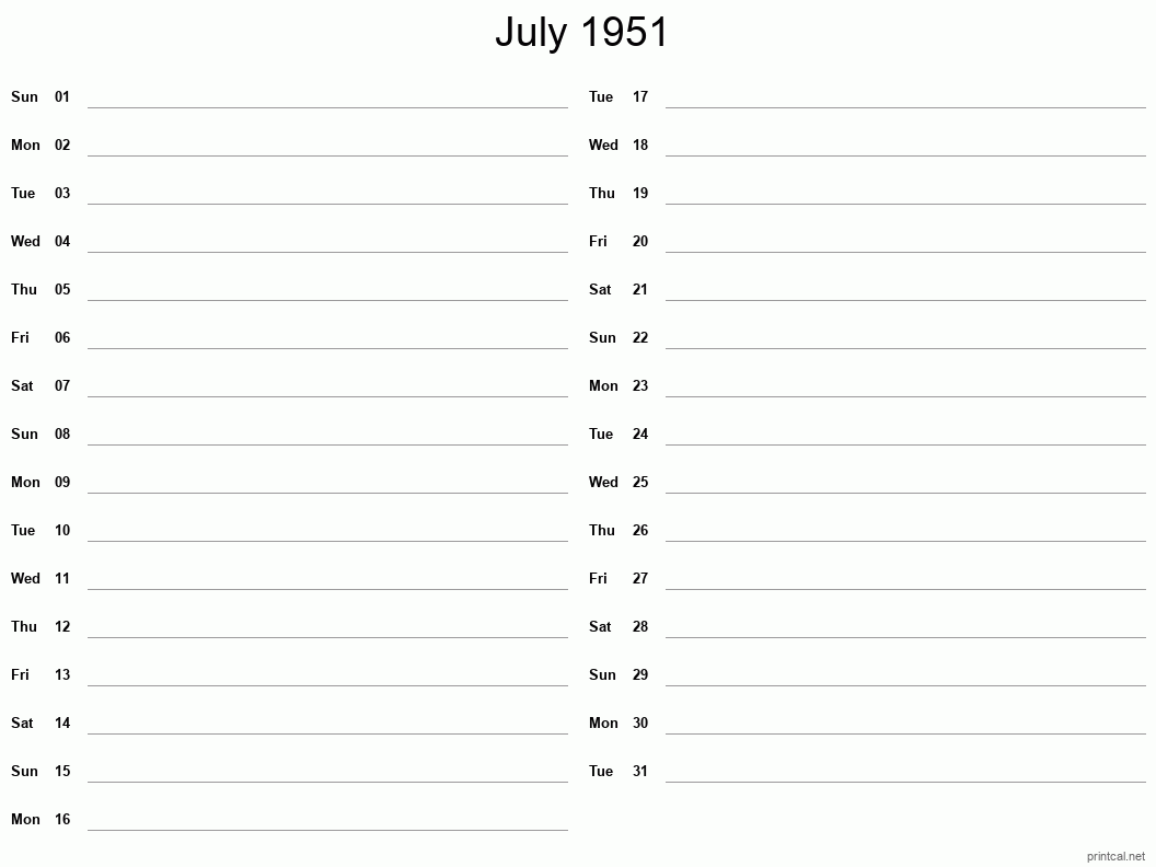 July 1951 Printable Calendar - Two Column Notesheet