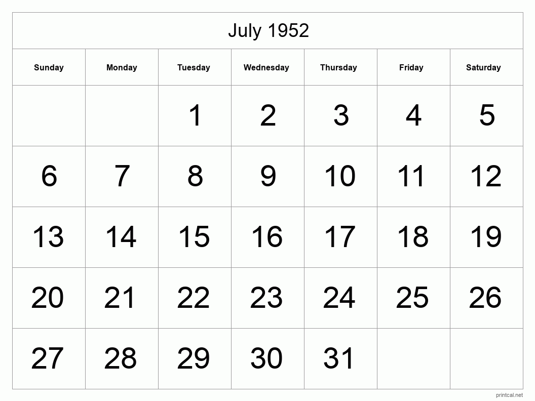 July 1952 Printable Calendar - Big Dates