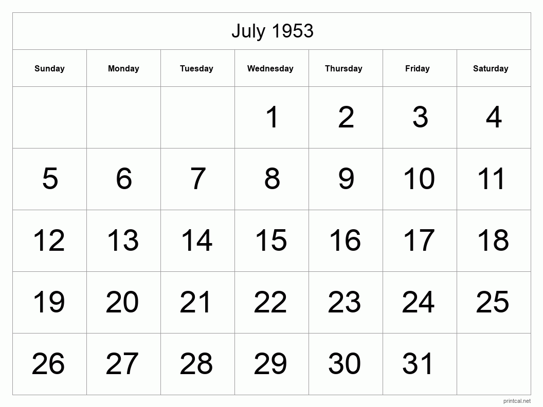 July 1953 Printable Calendar - Big Dates