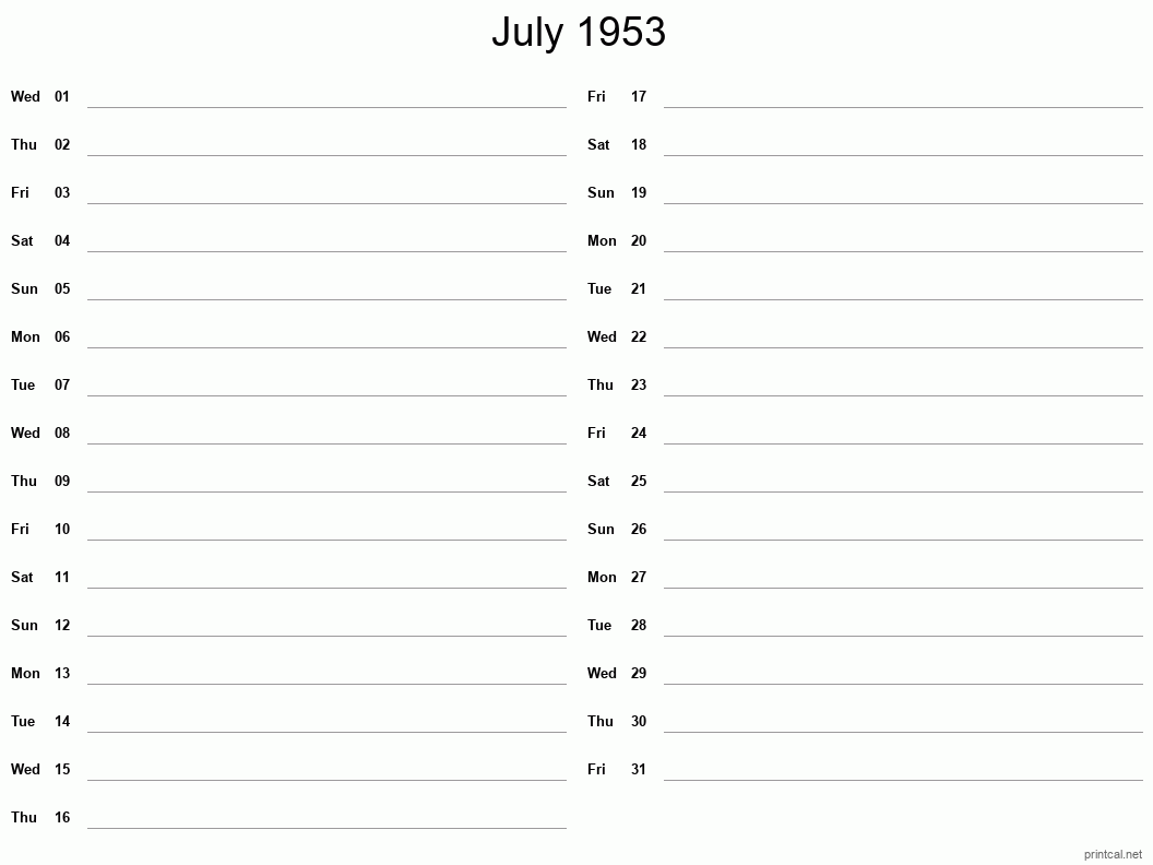 July 1953 Printable Calendar - Two Column Notesheet