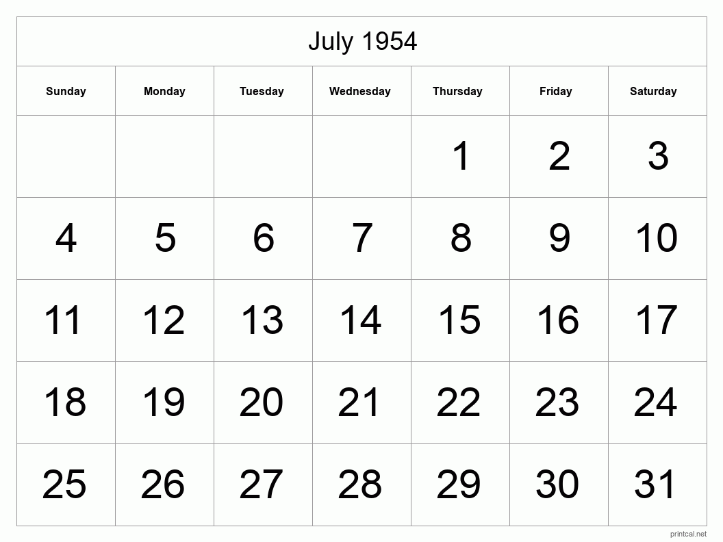 July 1954 Printable Calendar - Big Dates