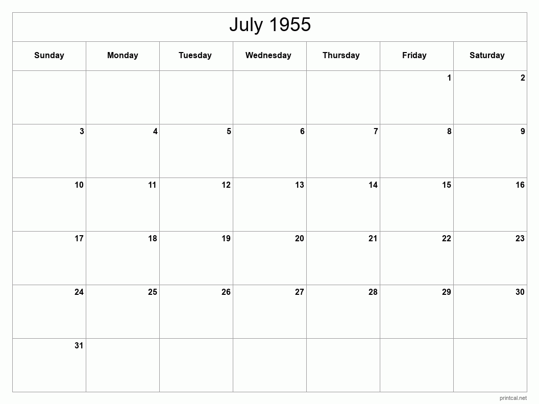 July 1955 Printable Calendar - Classic Blank Sheet