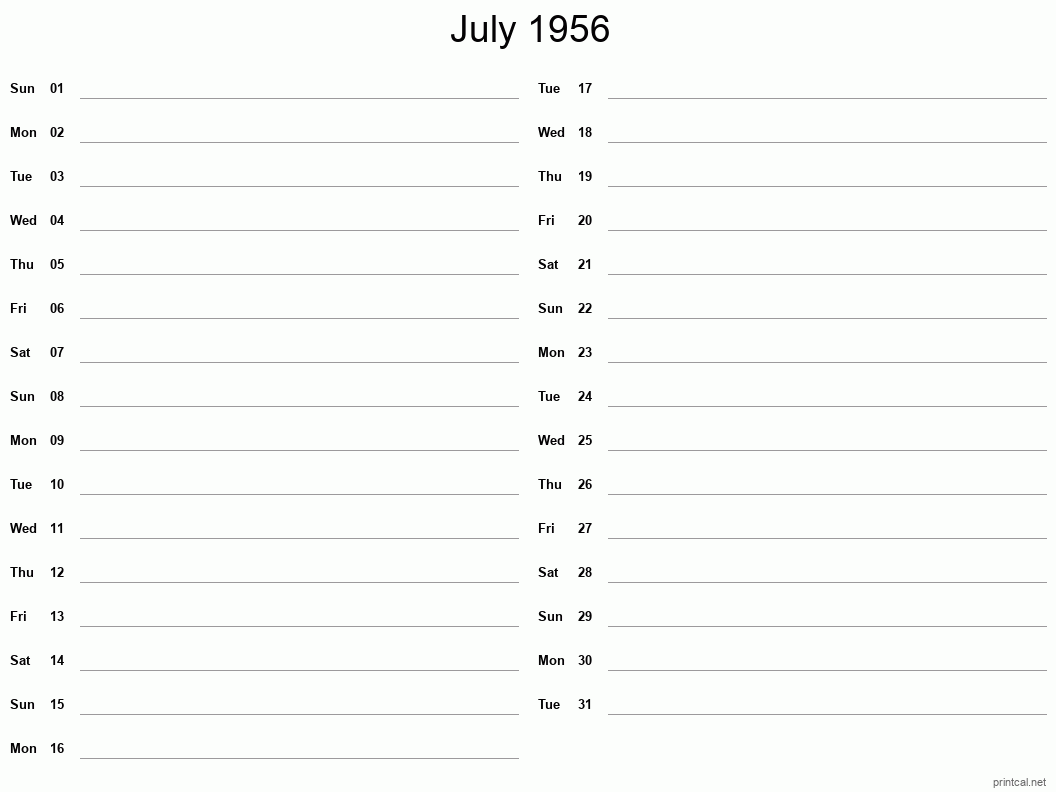 July 1956 Printable Calendar - Two Column Notesheet