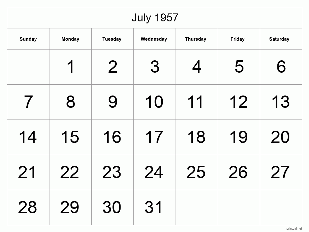 July 1957 Printable Calendar - Big Dates