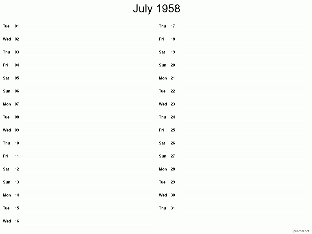 July 1958 Printable Calendar - Two Column Notesheet