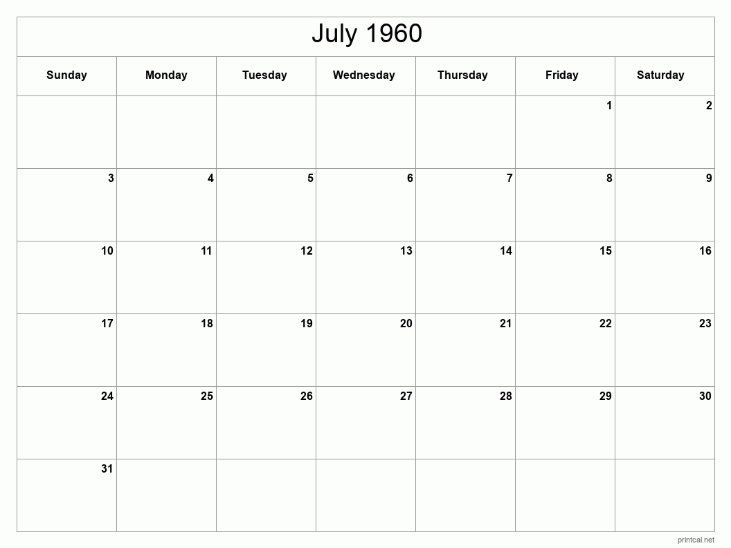 July 1960 Printable Calendar - Classic Blank Sheet