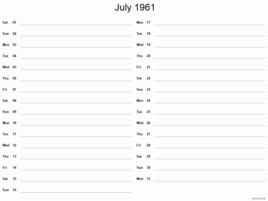 July 1961 Printable Calendar - Two Column Notesheet