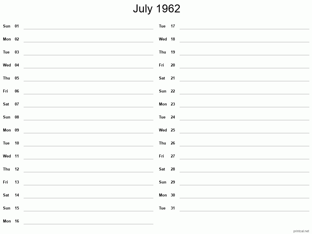 July 1962 Printable Calendar - Two Column Notesheet