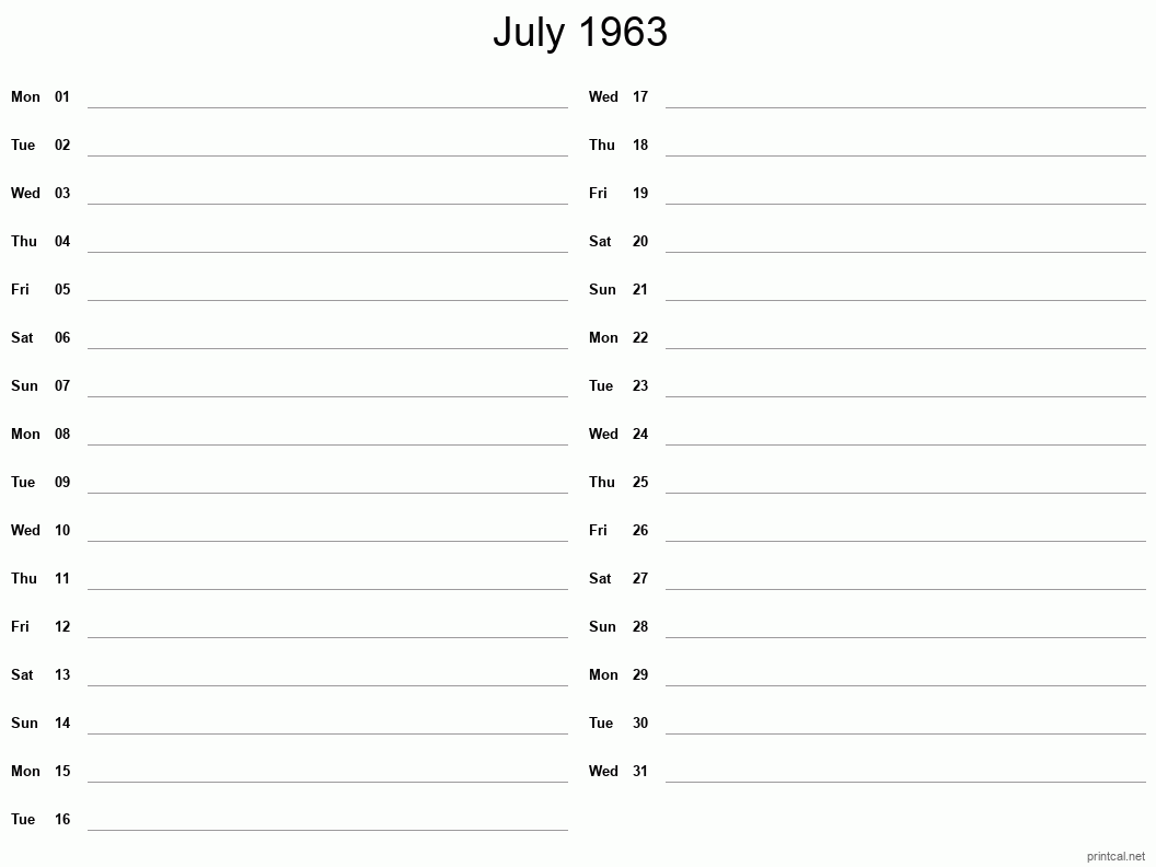 July 1963 Printable Calendar - Two Column Notesheet