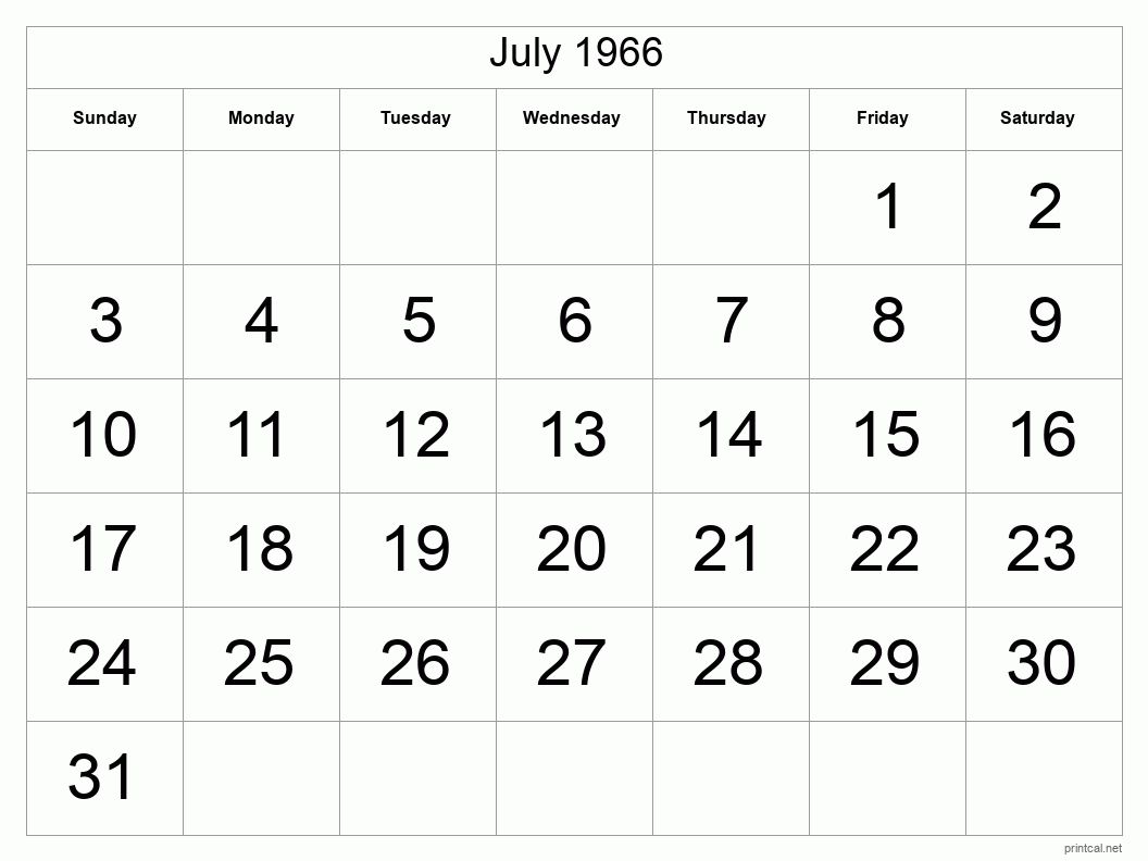 July 1966 Printable Calendar - Big Dates