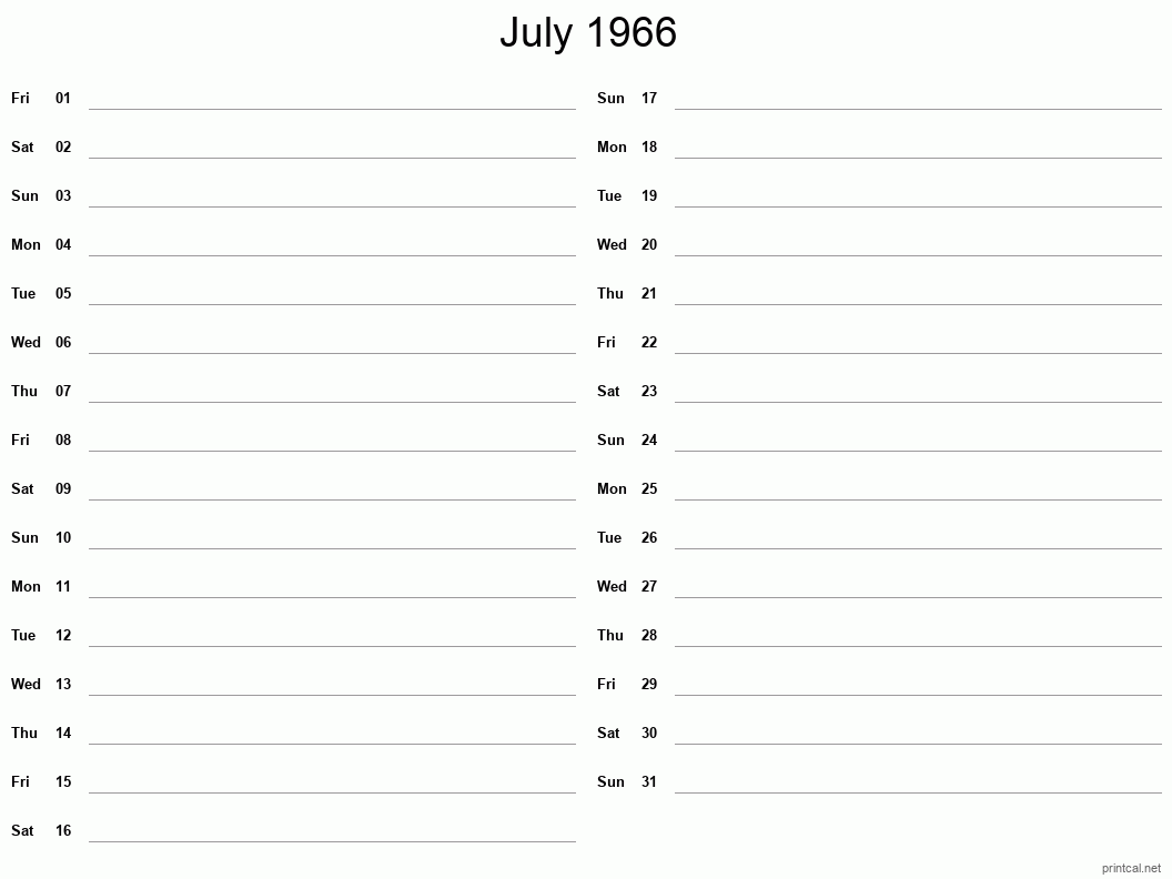 July 1966 Printable Calendar - Two Column Notesheet