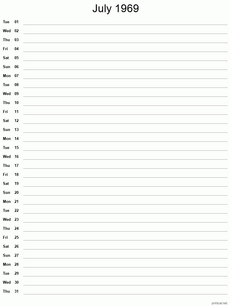 July 1969 Printable Calendar - Single Column Notesheet