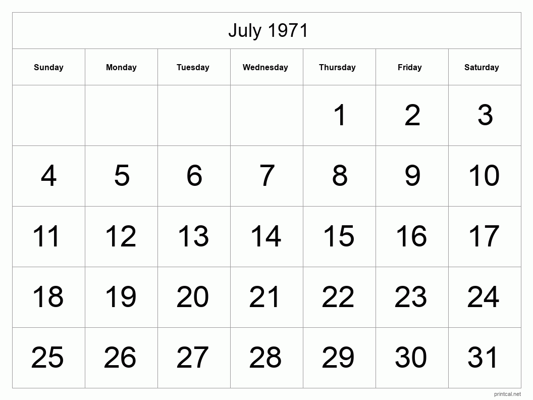 July 1971 Printable Calendar - Big Dates