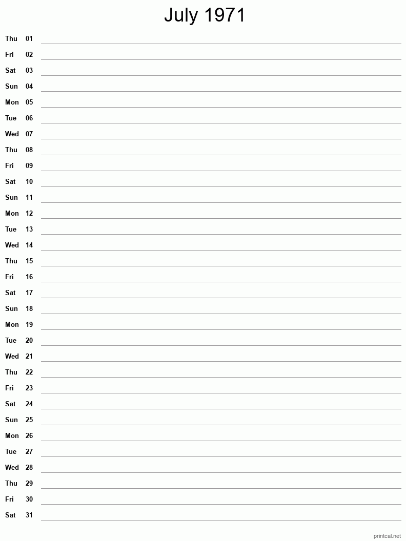 July 1971 Printable Calendar - Single Column Notesheet