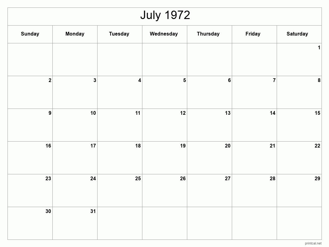 July 1972 Printable Calendar - Classic Blank Sheet