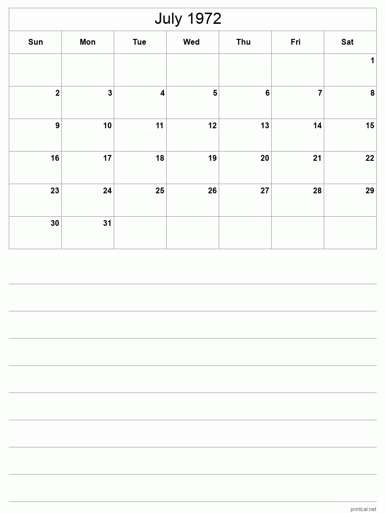 July 1972 Printable Calendar - Half-Page With Notesheet