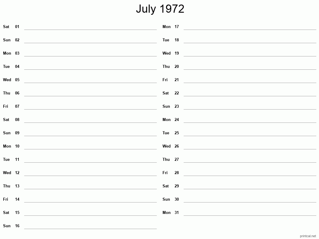 July 1972 Printable Calendar - Two Column Notesheet