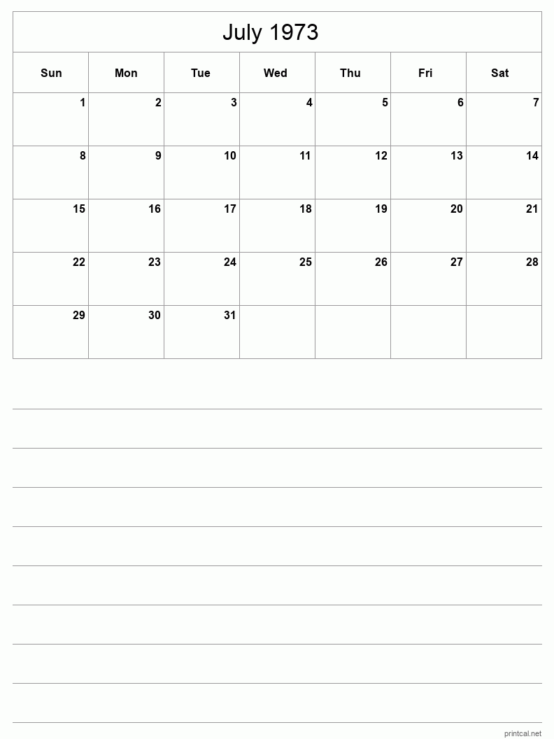 July 1973 Printable Calendar - Half-Page With Notesheet