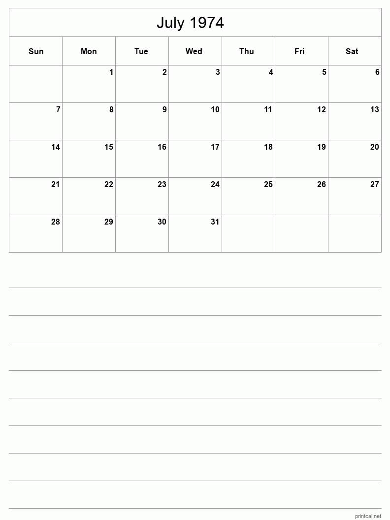 July 1974 Printable Calendar - Half-Page With Notesheet