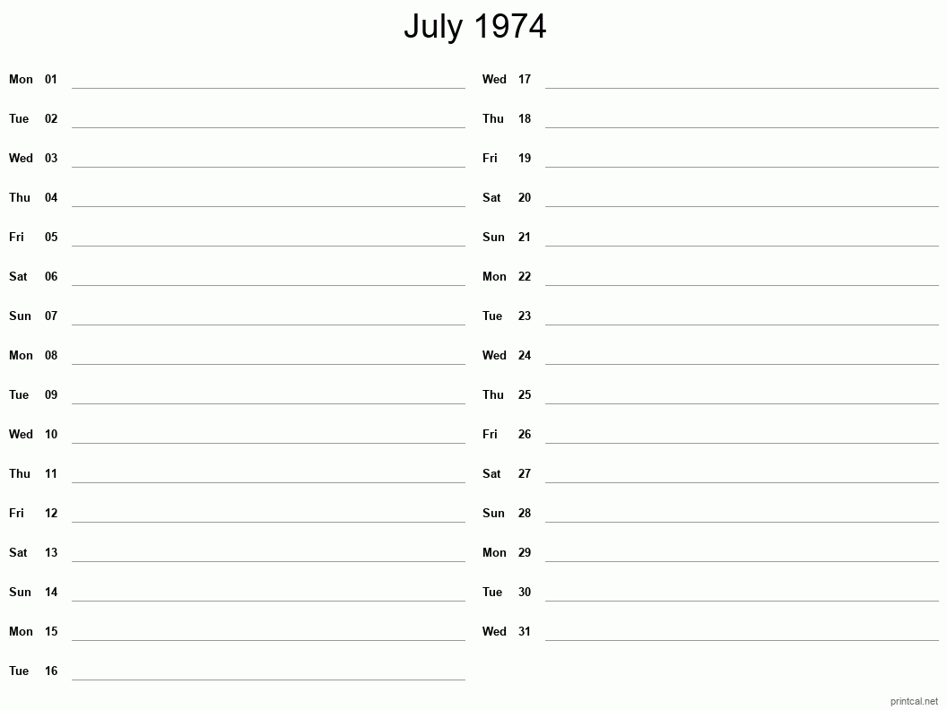 July 1974 Printable Calendar - Two Column Notesheet