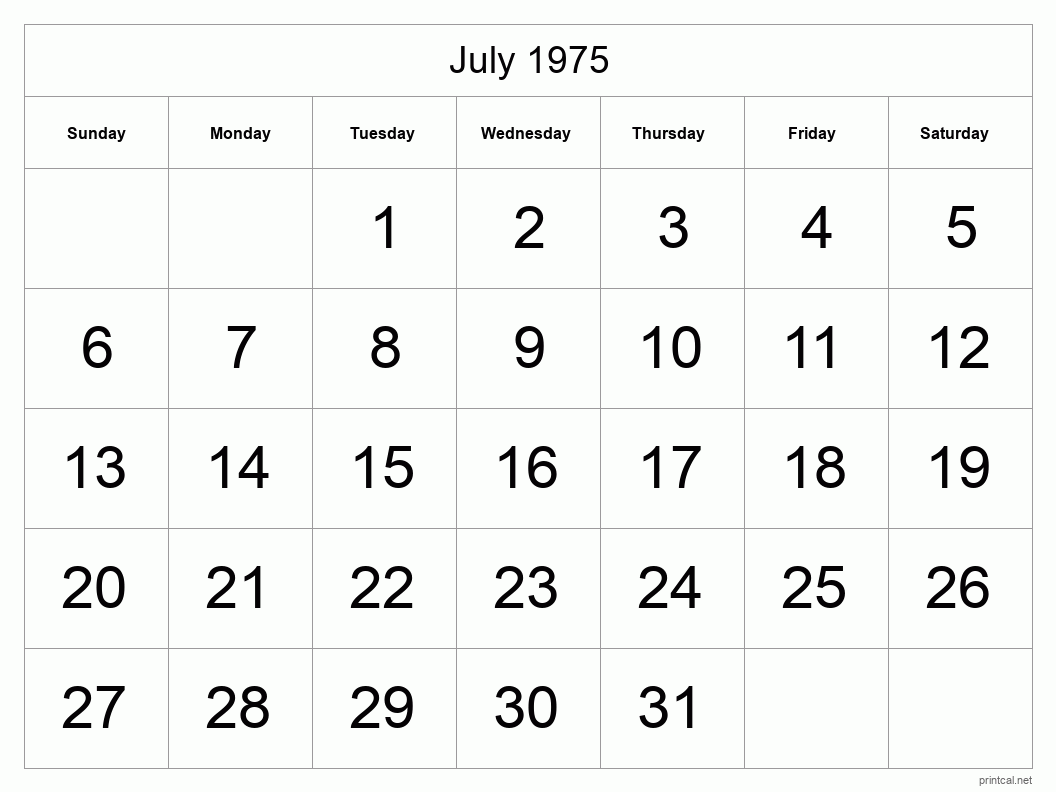 July 1975 Printable Calendar - Big Dates