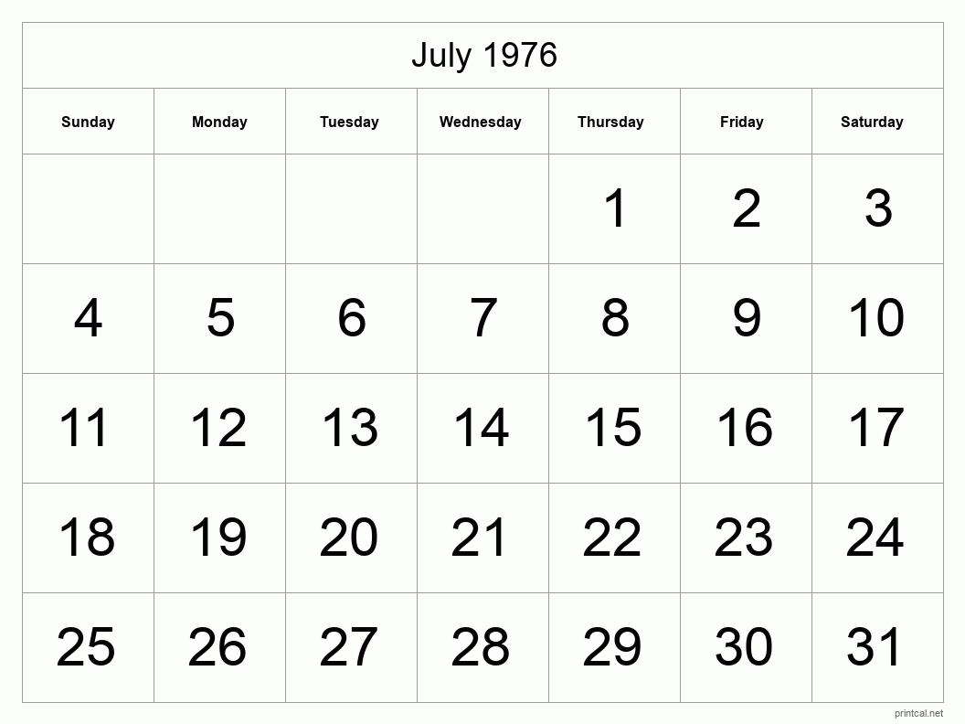 July 1976 Printable Calendar - Big Dates