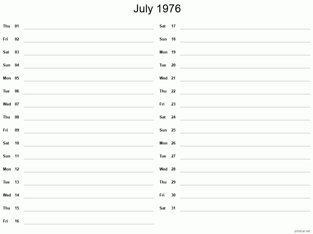 July 1976 Printable Calendar - Two Column Notesheet