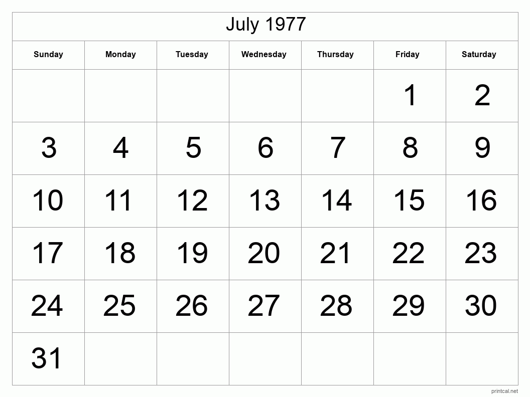 July 1977 Printable Calendar - Big Dates