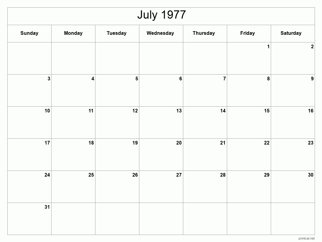 July 1977 Printable Calendar - Classic Blank Sheet