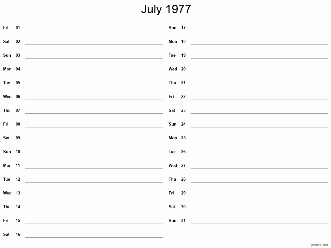 July 1977 Printable Calendar - Two Column Notesheet