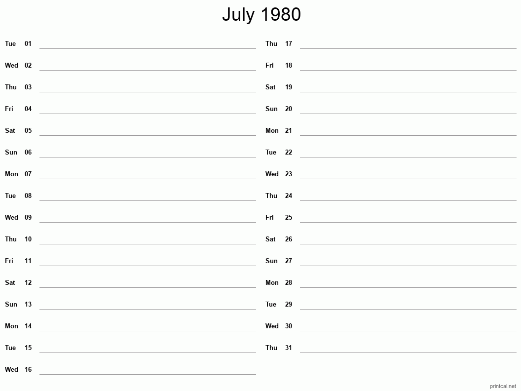 July 1980 Printable Calendar - Two Column Notesheet