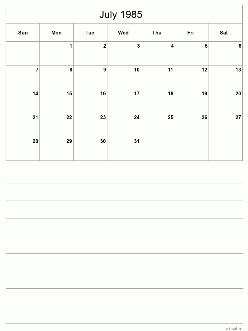 July 1985 Printable Calendar - Half-Page With Notesheet