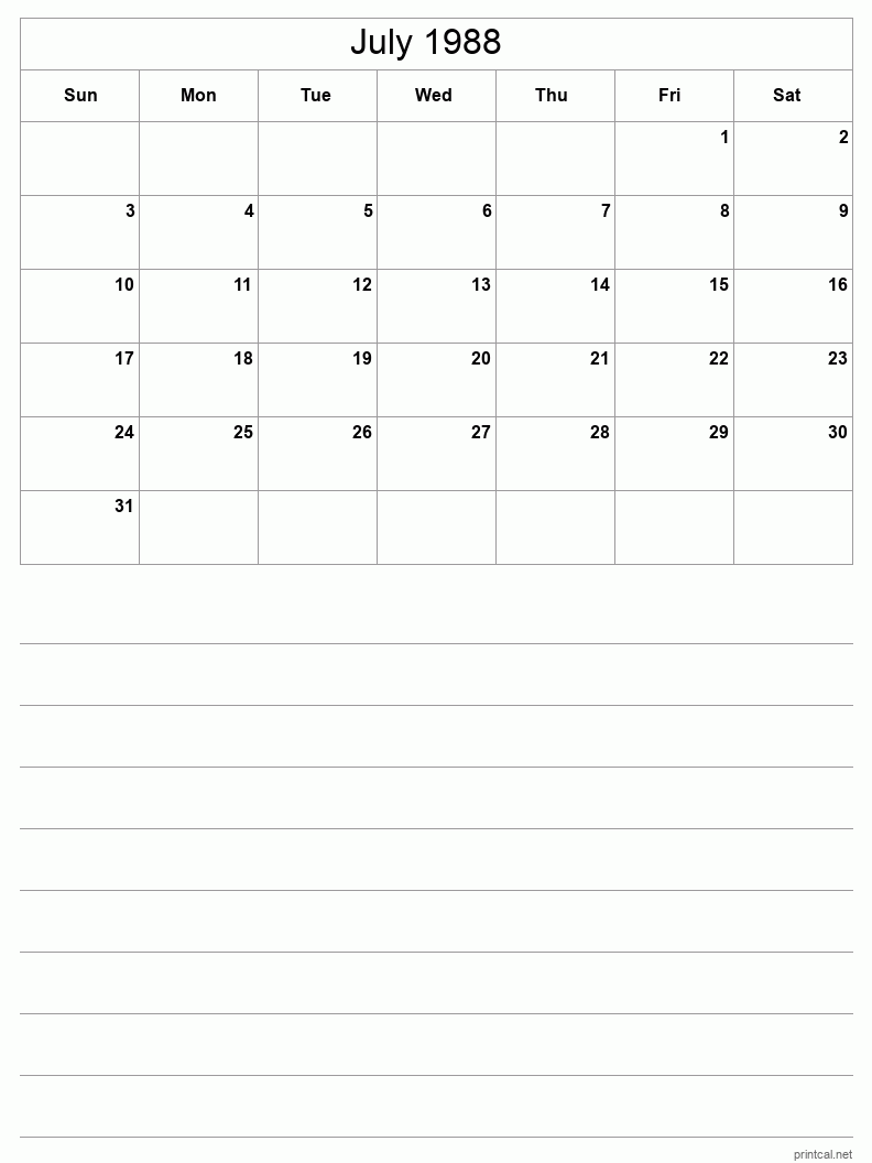 July 1988 Printable Calendar - Half-Page With Notesheet