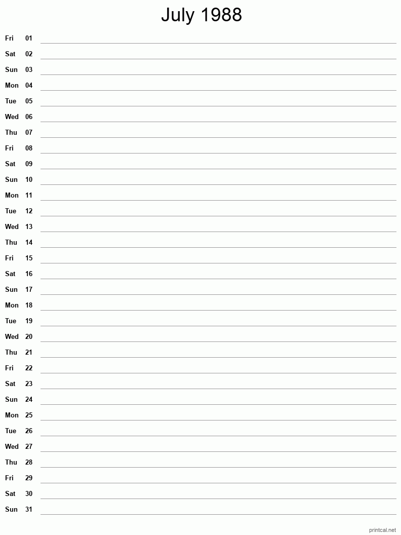 July 1988 Printable Calendar - Single Column Notesheet