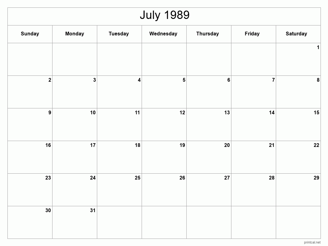 July 1989 Printable Calendar - Classic Blank Sheet