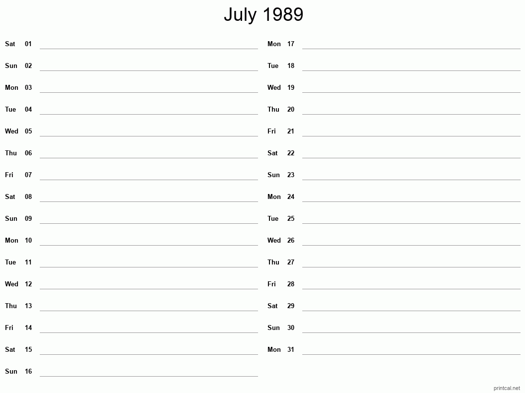 July 1989 Printable Calendar - Two Column Notesheet