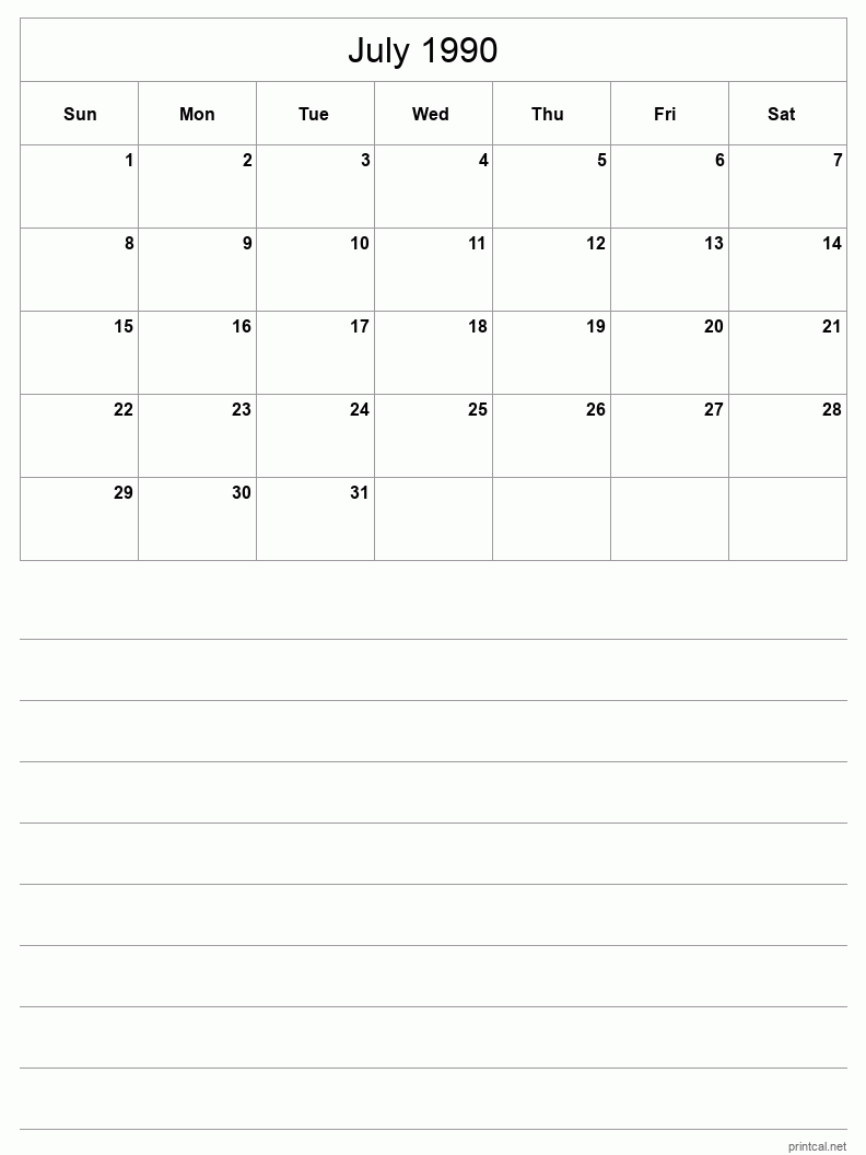 July 1990 Printable Calendar - Half-Page With Notesheet