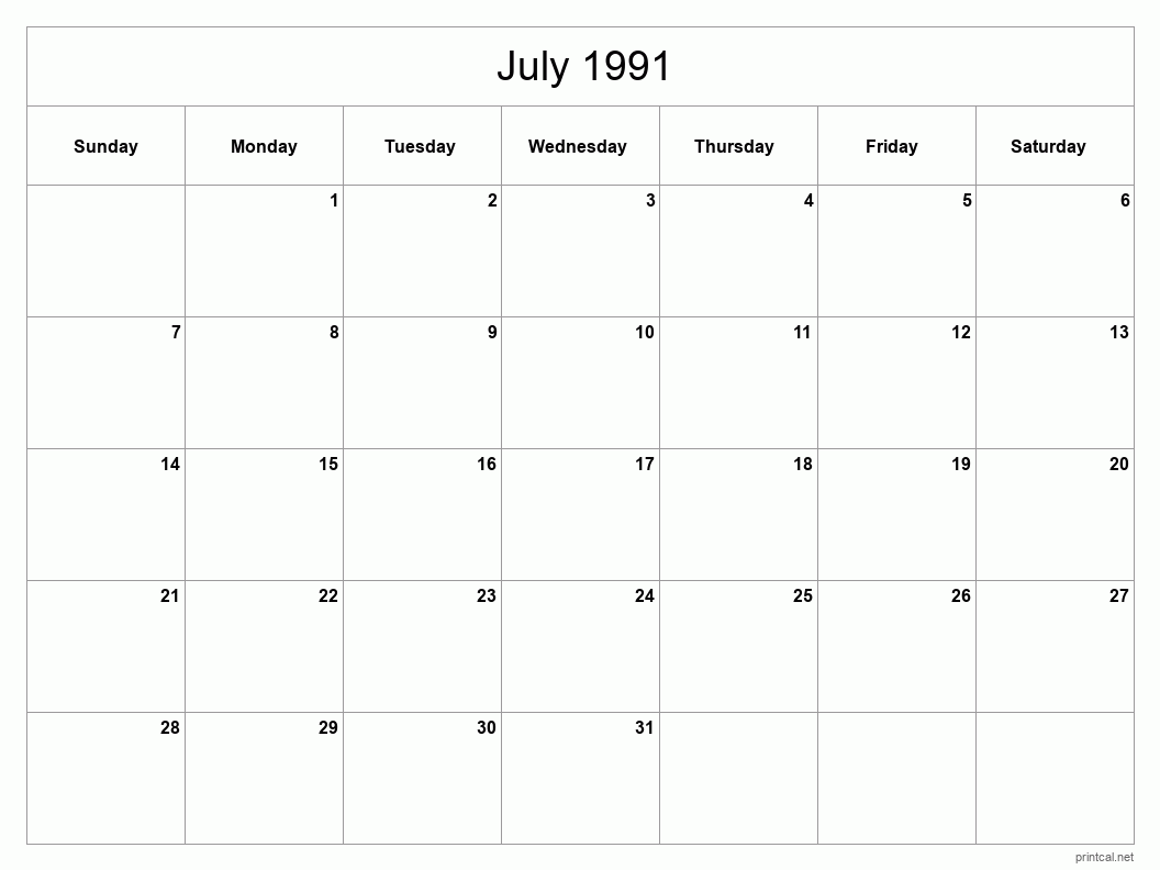 July 1991 Printable Calendar - Classic Blank Sheet